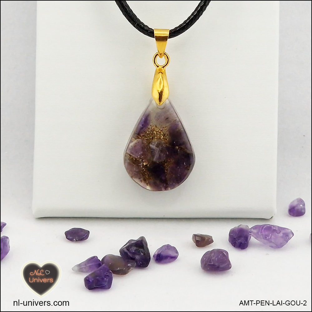 Amethyst drop pendant in brass orgonite