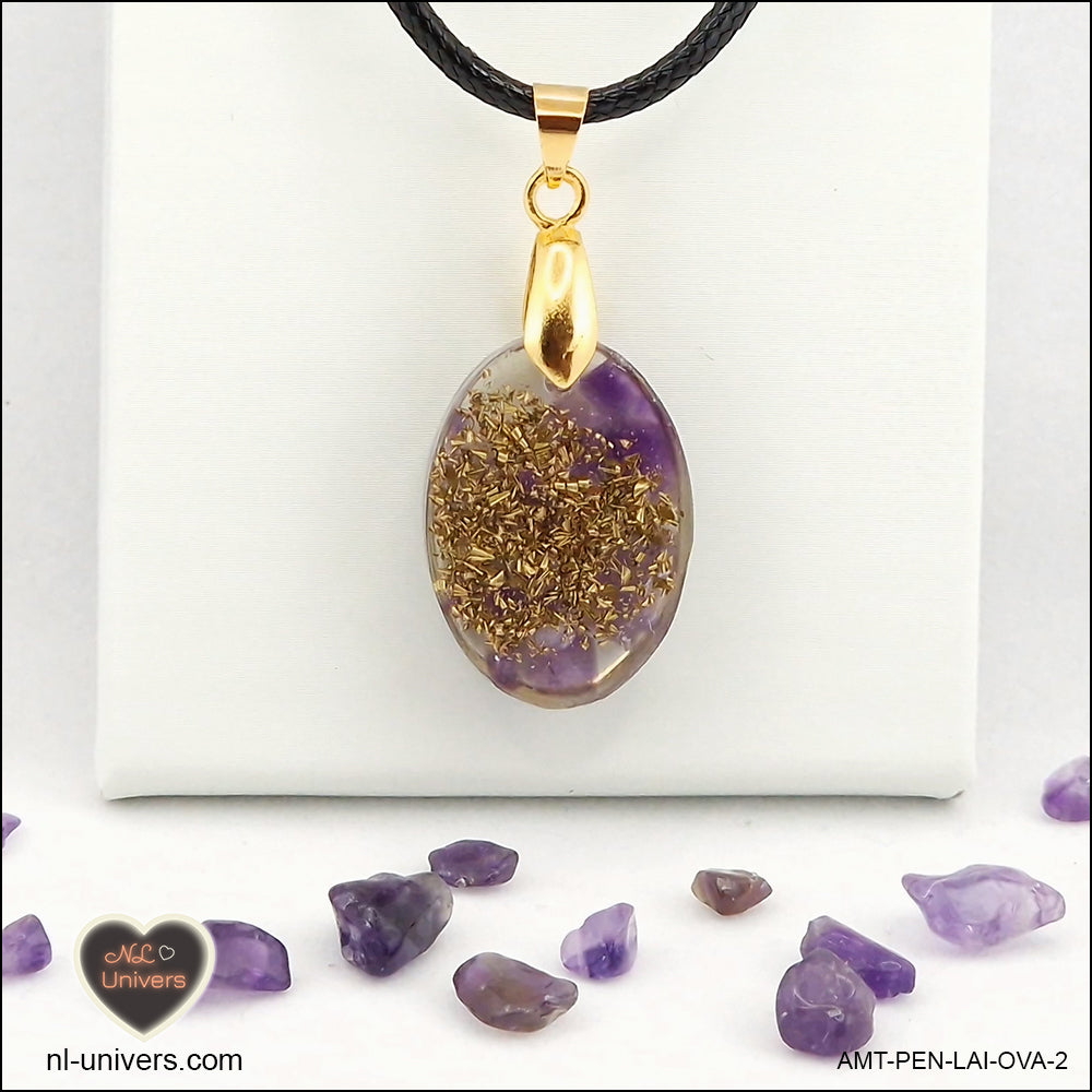 Oval Amethyst pendant M.1 in brass orgonite