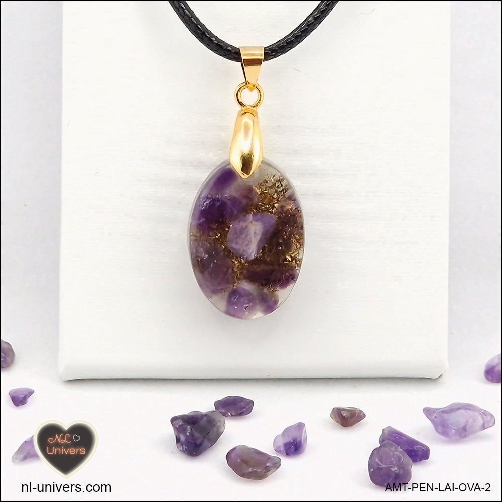 Oval Amethyst pendant M.1 in brass orgonite