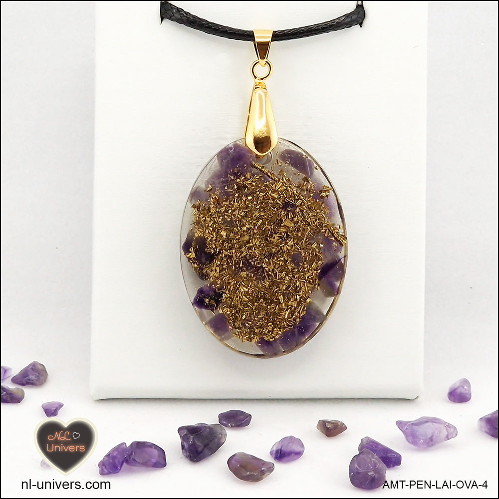 Oval Amethyst pendant M.2 in brass orgonite