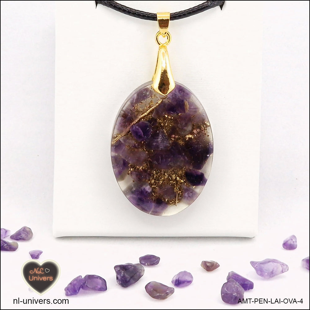 Oval Amethyst pendant M.2 in brass orgonite