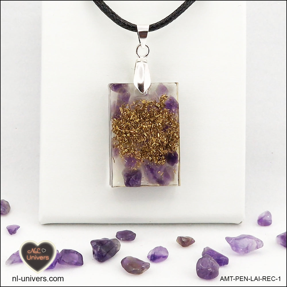 Amethyst rectangle pendant M.1 in brass orgonite