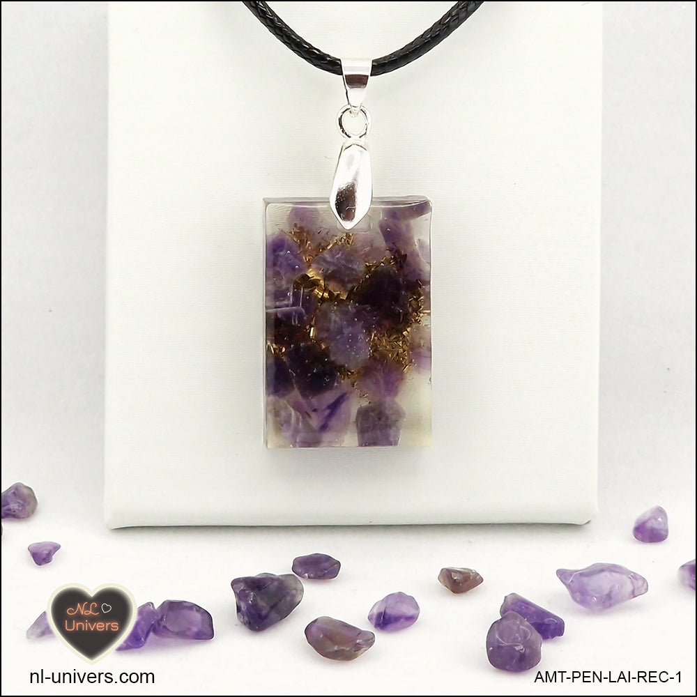 Amethyst rectangle pendant M.1 in brass orgonite