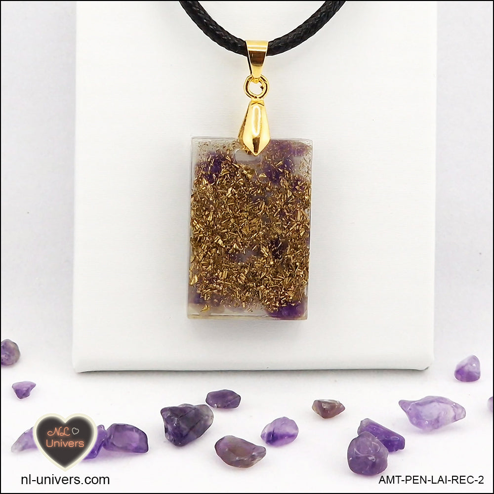 Amethyst rectangle pendant M.1 in brass orgonite