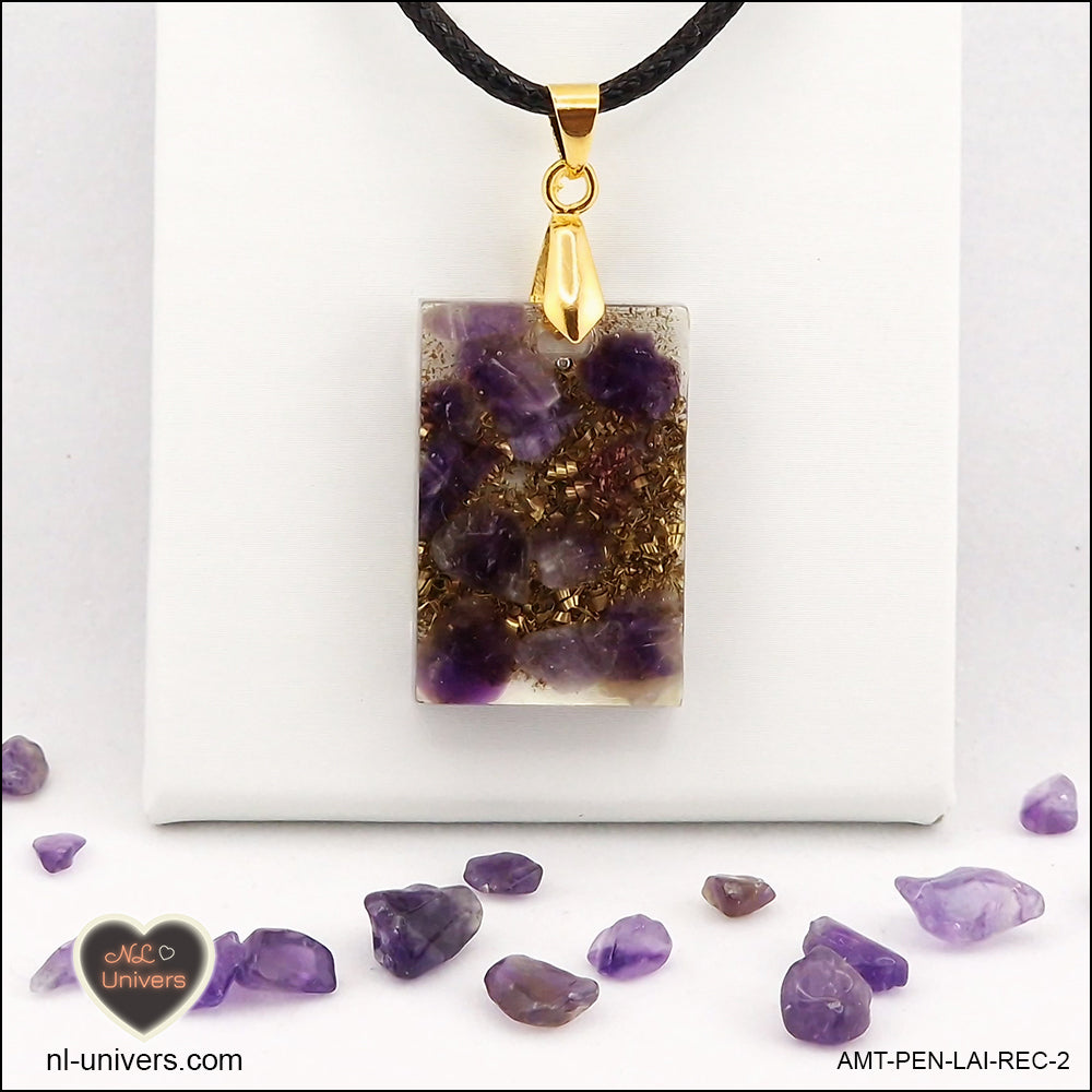 Amethyst rectangle pendant M.1 in brass orgonite