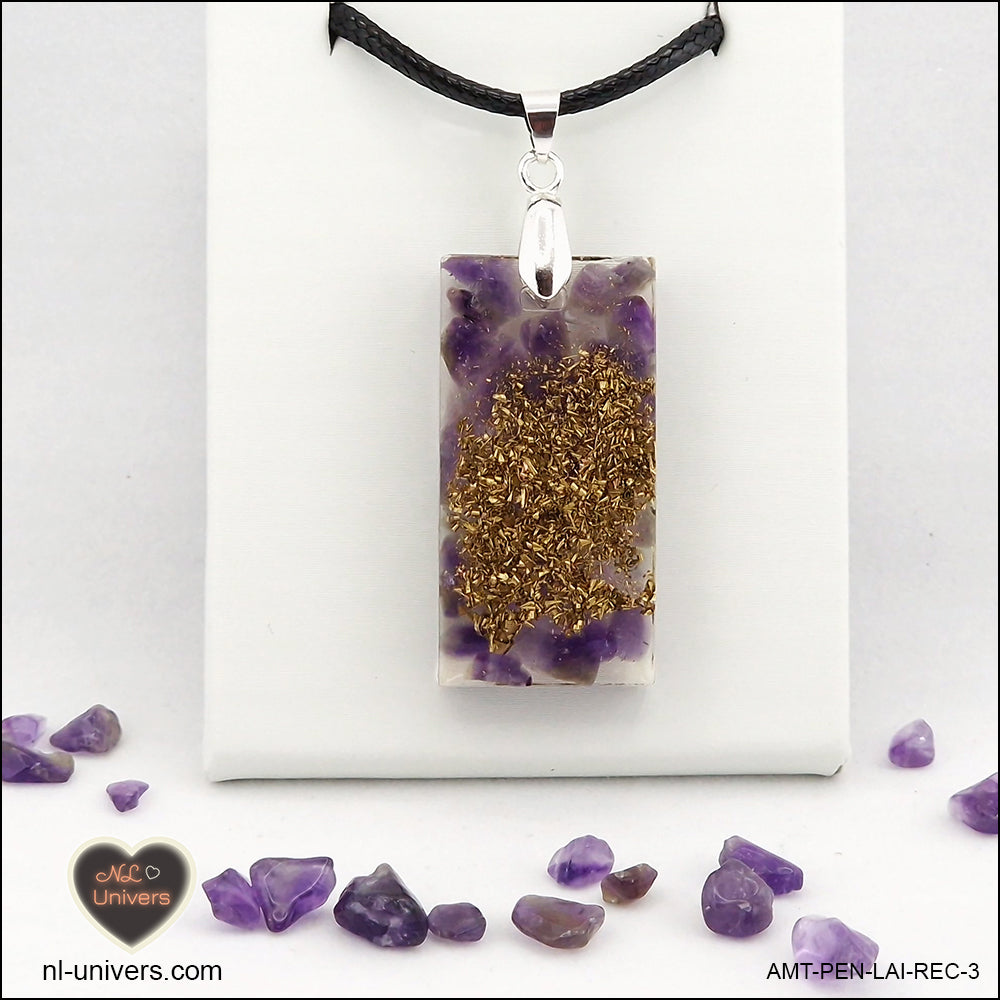 Amethyst rectangle pendant M.2 in brass orgonite