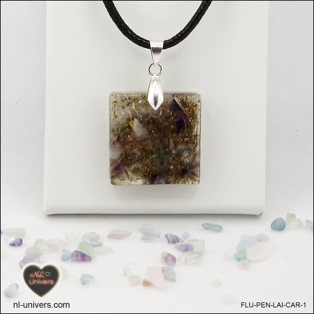 Square Fluorite pendant M.1 in brass orgonite