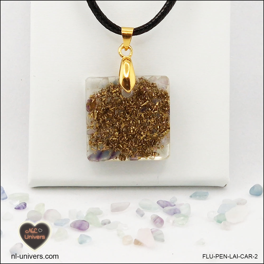 Square Fluorite pendant M.1 in brass orgonite