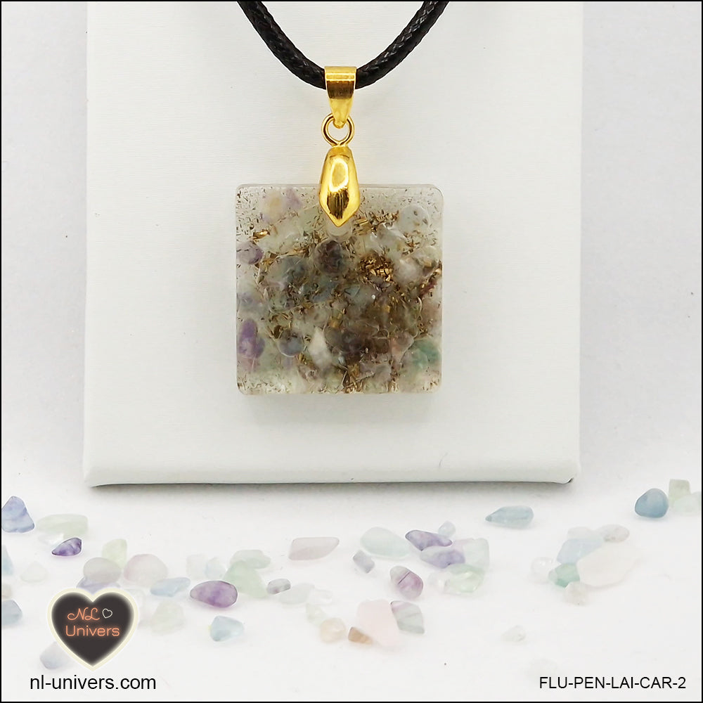 Square Fluorite pendant M.1 in brass orgonite