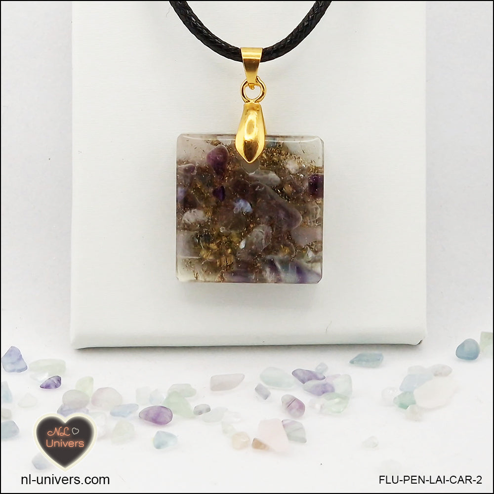 Square Fluorite pendant M.1 in brass orgonite