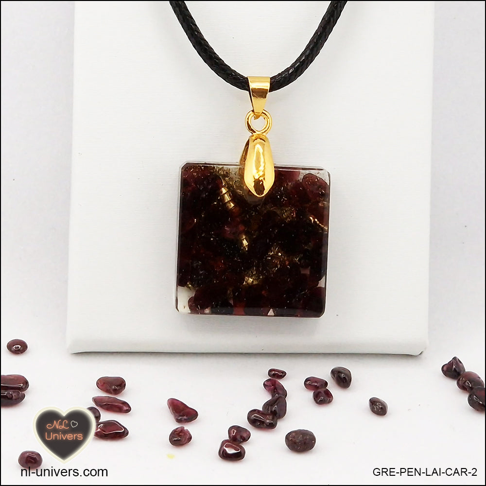 M.1 square garnet pendant in brass orgonite