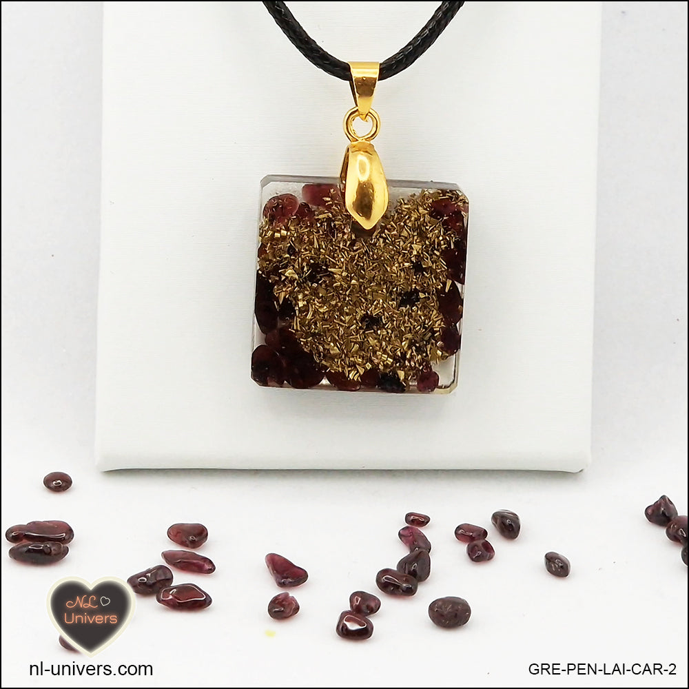 M.1 square garnet pendant in brass orgonite