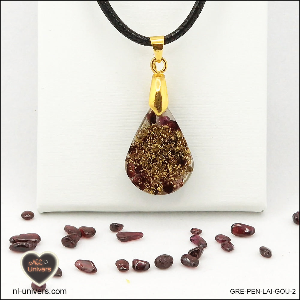 Garnet drop pendant in brass orgonite