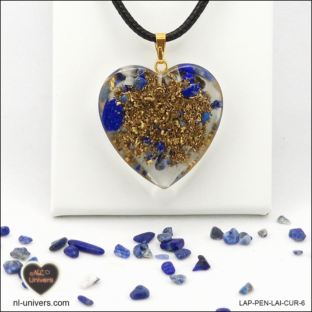 Pendentif Lapis-Lazuli cœur M.3 en orgonite laiton