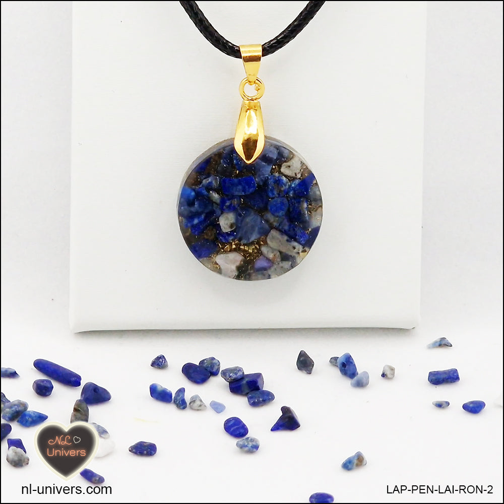 Pendentif Lapis-Lazuli rond M.1 en orgonite laiton