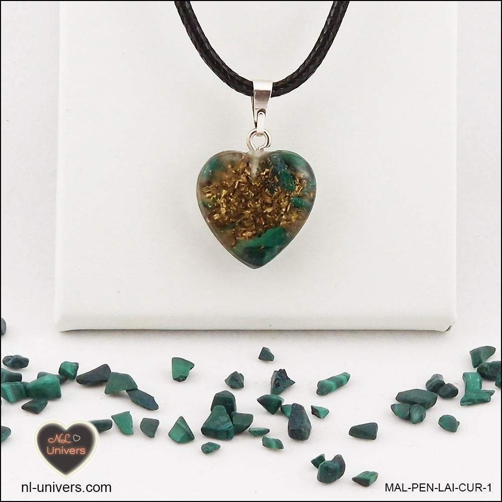 Pendentif Malachite cœur M.1 en orgonite laiton