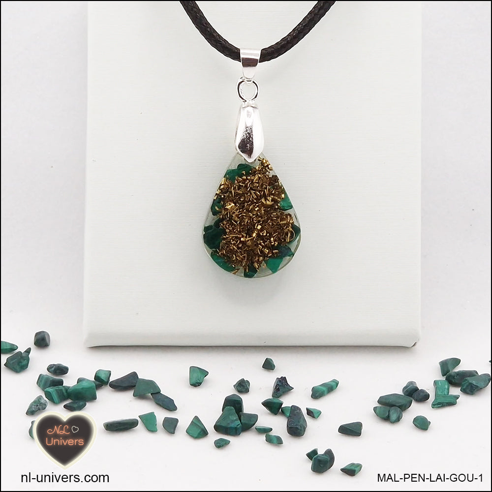 Malachite drop pendant in brass orgonite