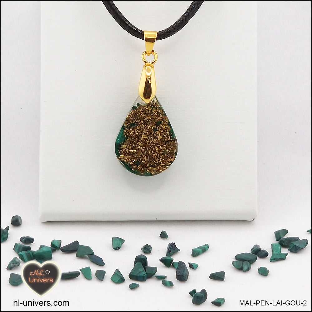 Malachite drop pendant in brass orgonite