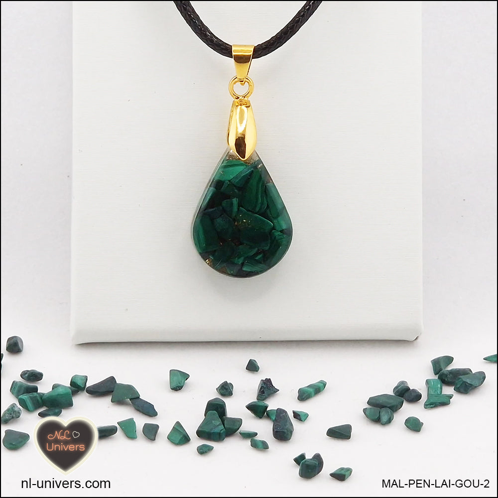 Malachite drop pendant in brass orgonite