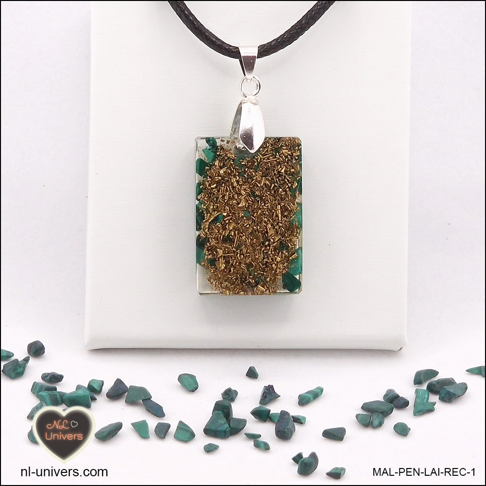 Malachite rectangle pendant M.1 in brass orgonite