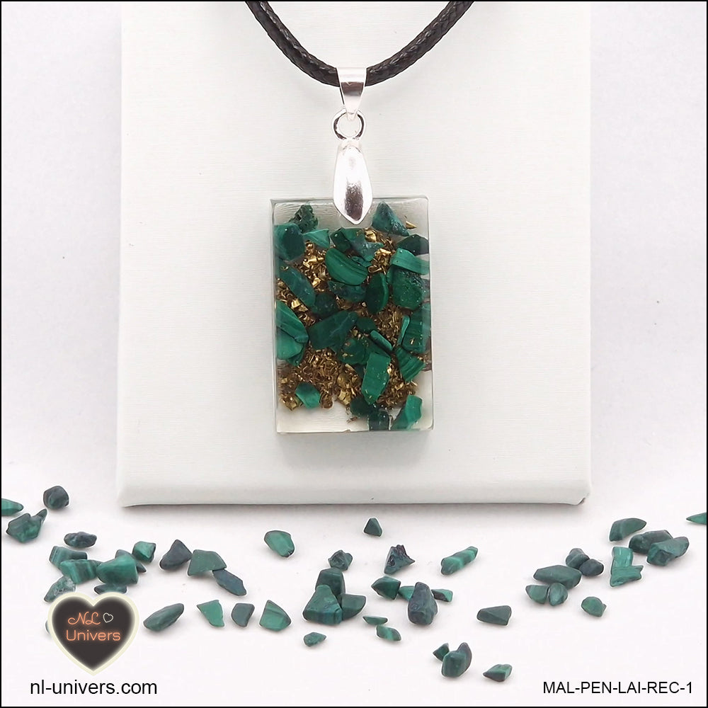 Pendentif Malachite rectangle M.1 en orgonite laiton