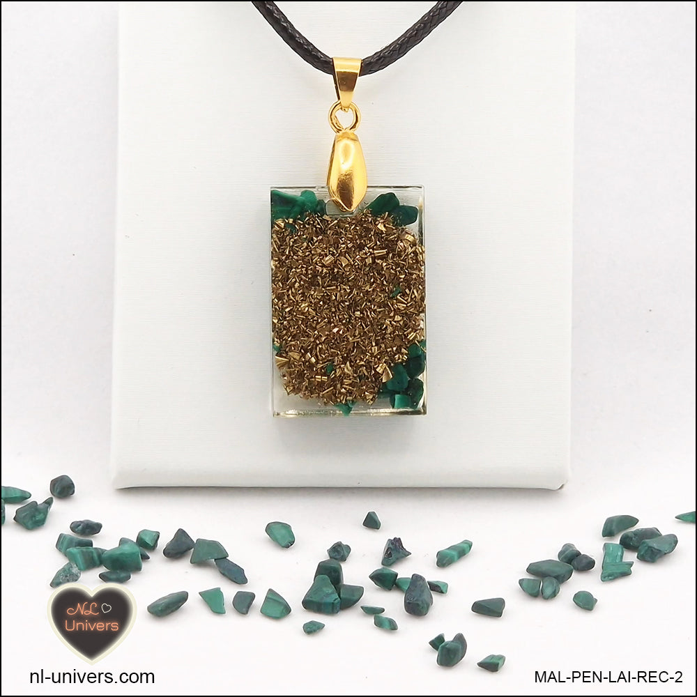 Malachite rectangle pendant M.1 in brass orgonite