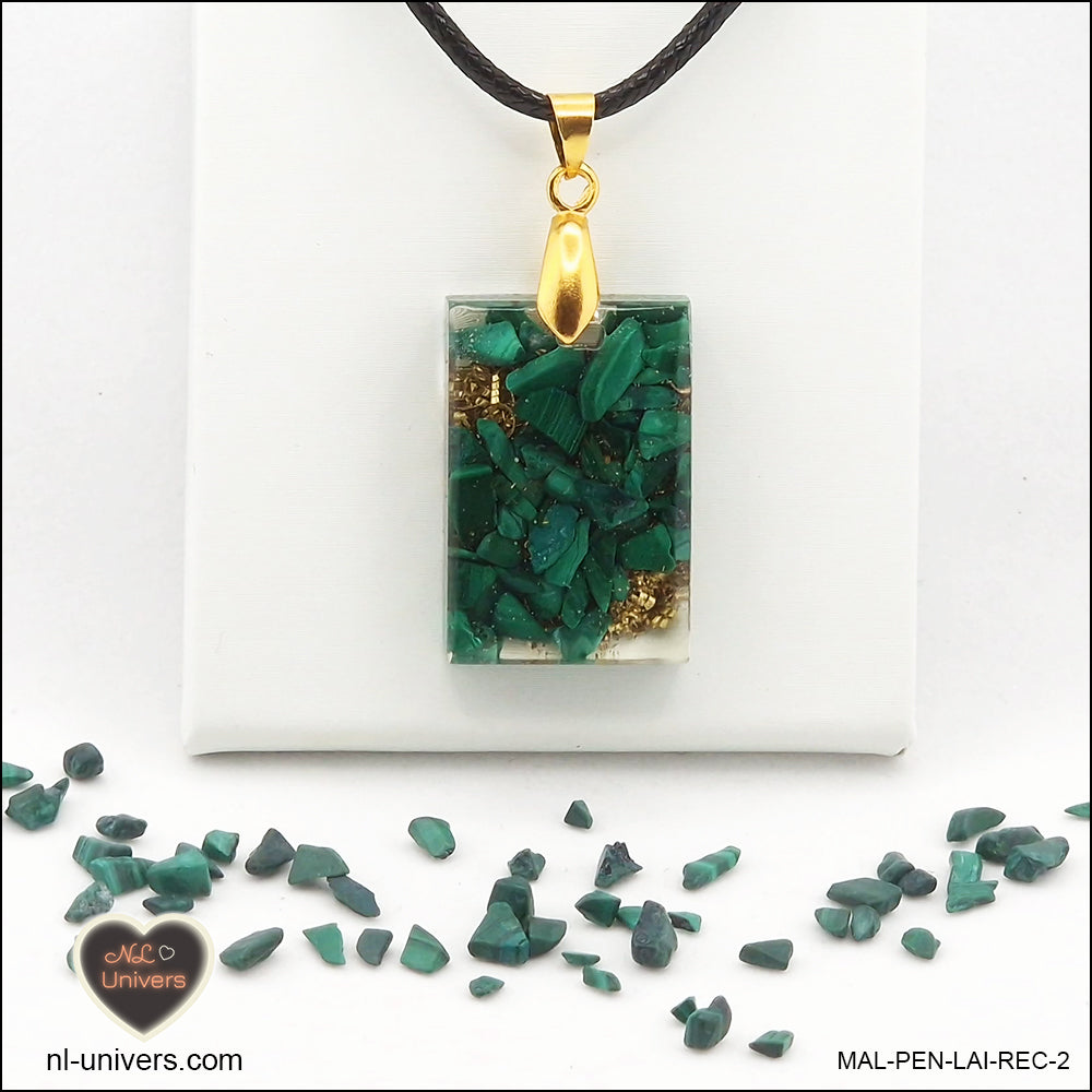 Malachite rectangle pendant M.1 in brass orgonite