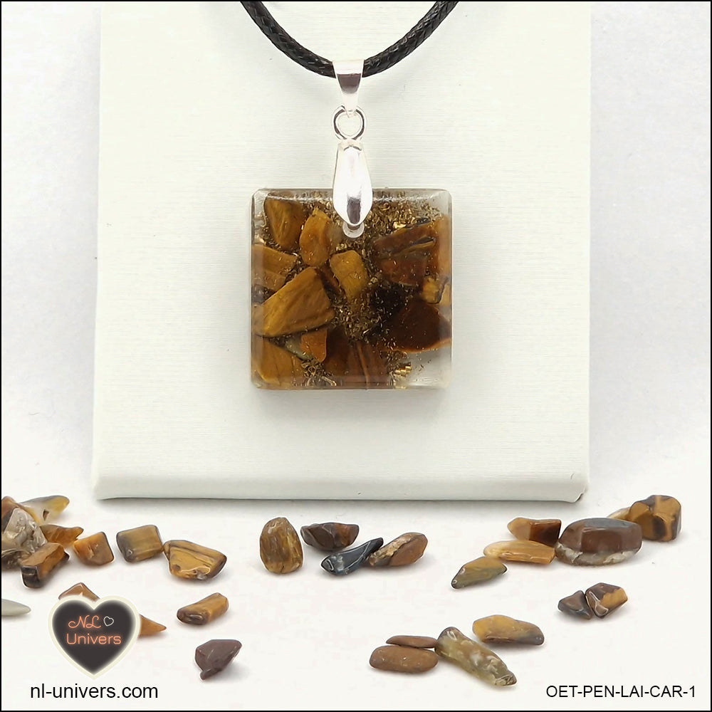 Square Tiger's Eye pendant M.1 in brass orgonite