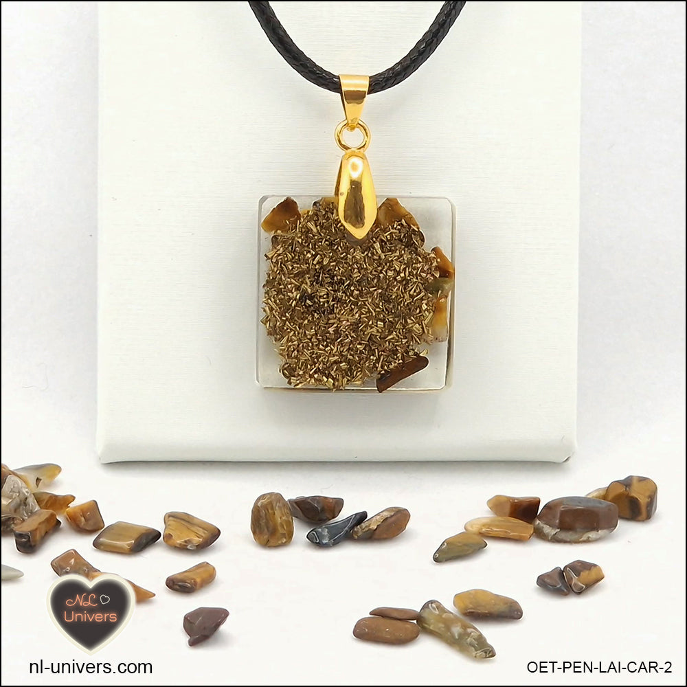 Square Tiger's Eye pendant M.1 in brass orgonite