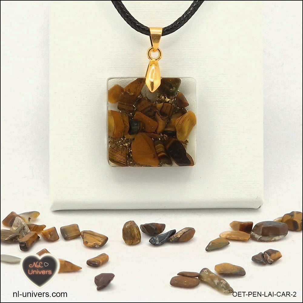 Square Tiger's Eye pendant M.1 in brass orgonite