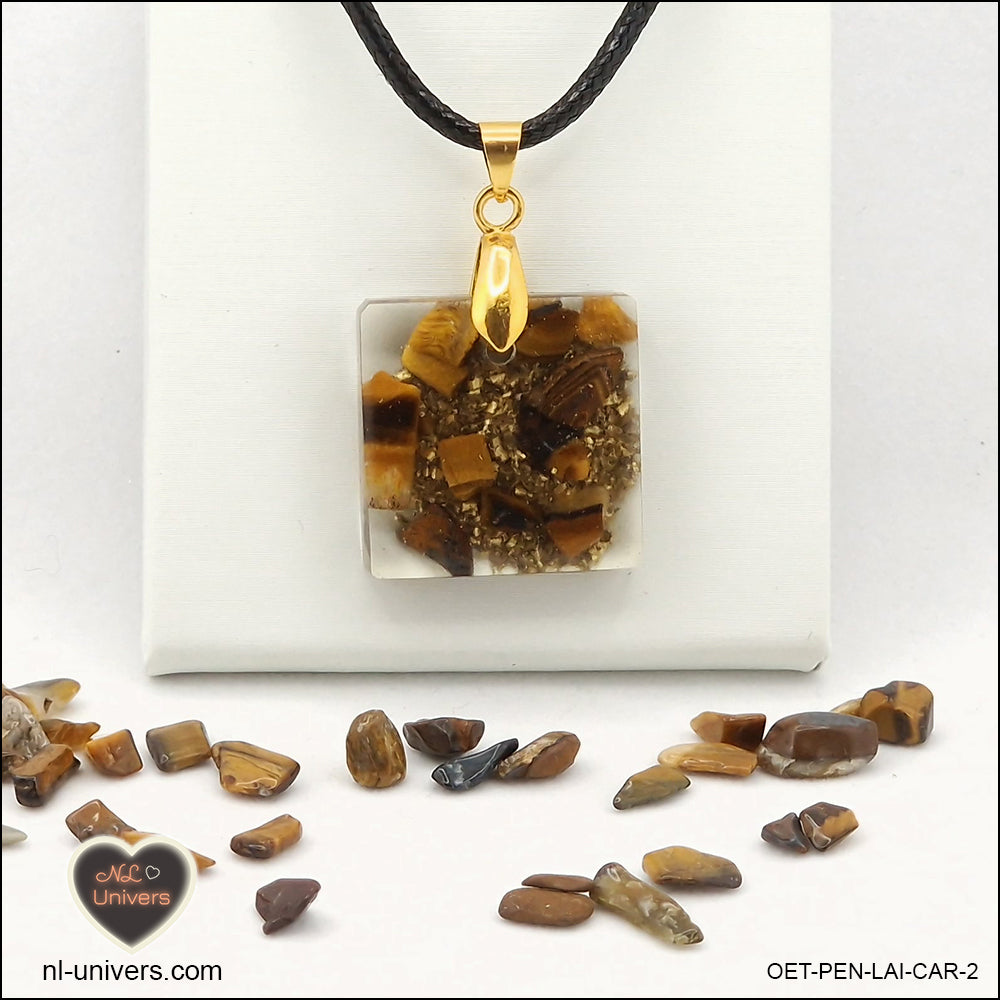 Square Tiger's Eye pendant M.1 in brass orgonite