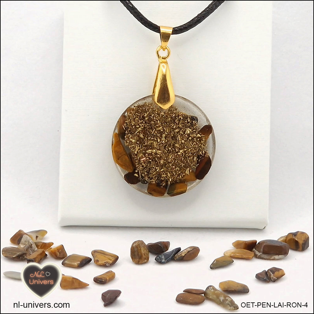 Round Tiger's Eye pendant M.2 in brass orgonite